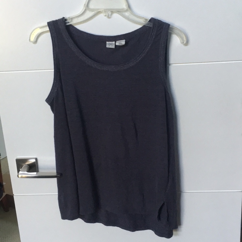 Linen tank with silver thread trim.